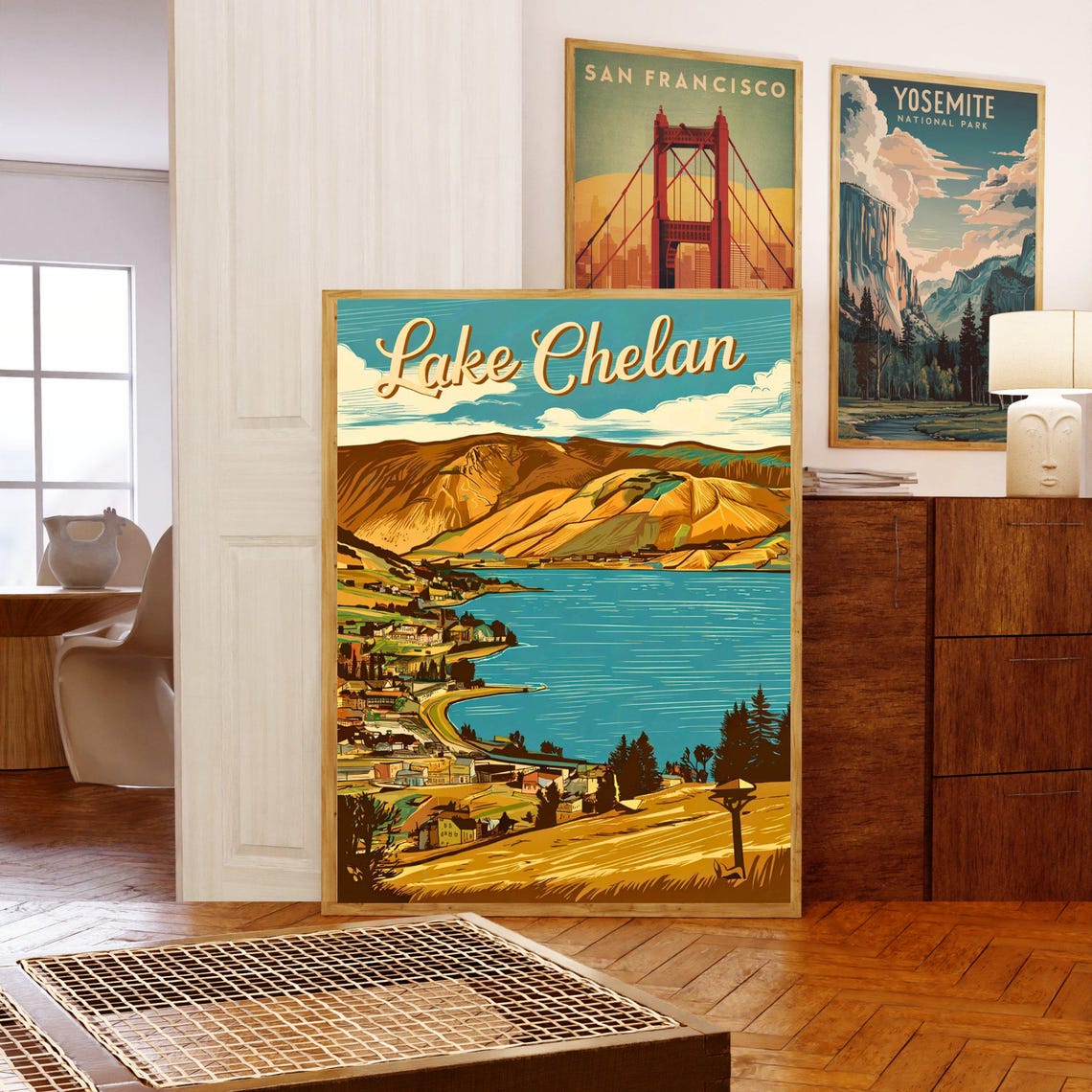 Lake Chelan Vintage Travel Poster Washington Beach Day With Boat Art - Image 5