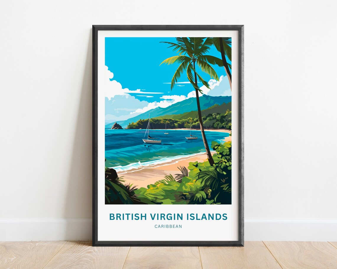 British Virgin Islands Caribbean Palm Bay Sailboats Travel Poster