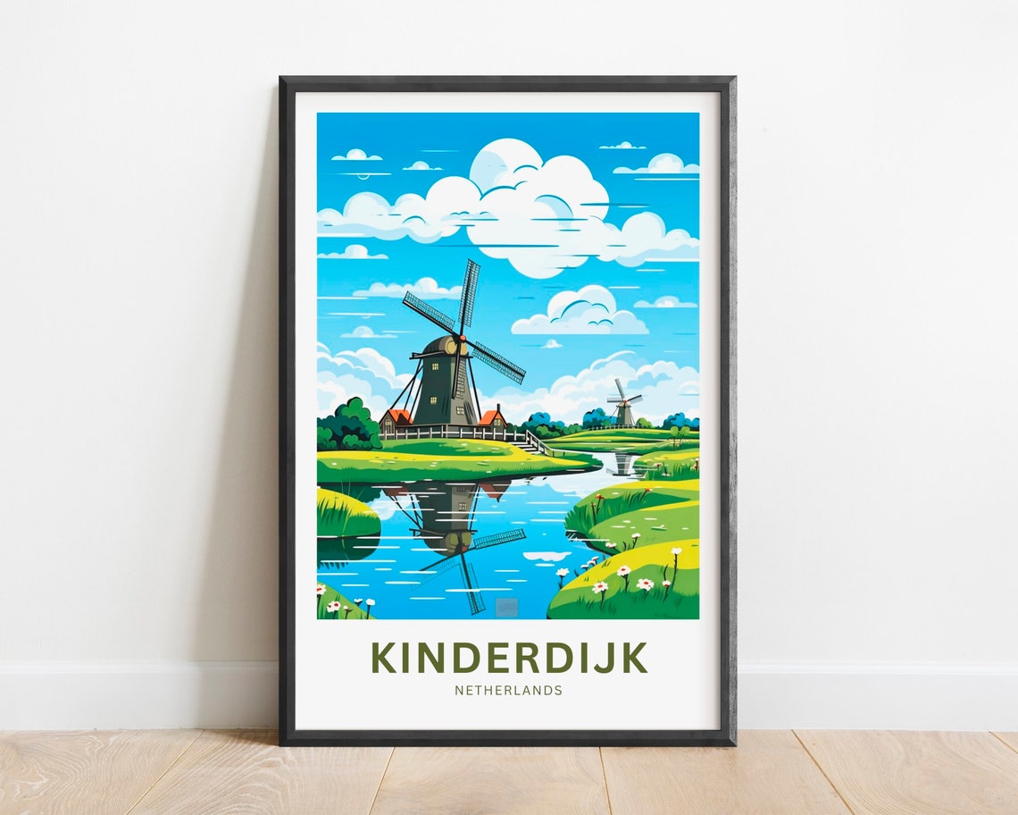 Kinderdijk Netherlands Windmills Canal Reflection Travel Poster