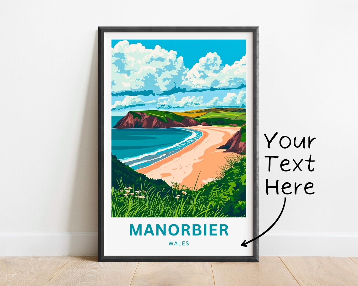 Manorbier Wales Sandy Beach Cove Cliffs Coastal Travel Poster - Image 3