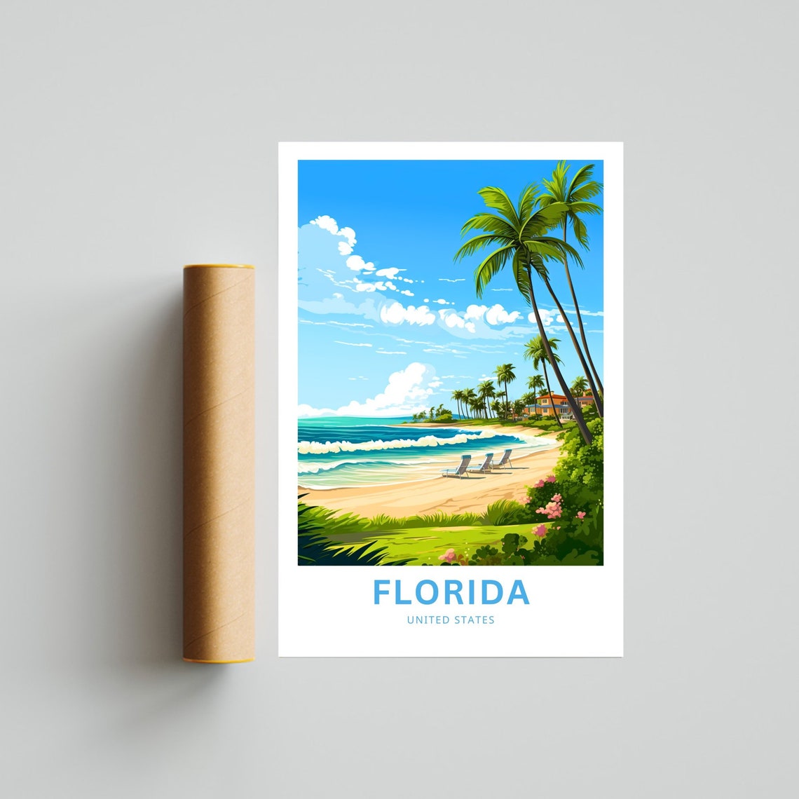 Florida Beach Travel Poster Lounge Chairs Palm Trees Waves Art - Image 4