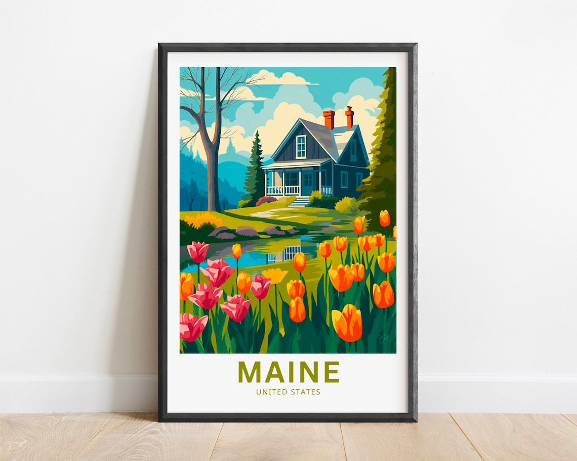 Maine United States Travel Poster Cottage Pond Tulips New England Art
