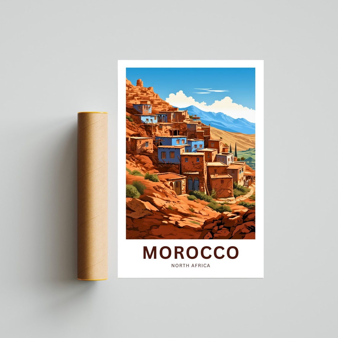 Morocco Blue Painted Village Red Rock Mountains Sunset Poster - Image 4