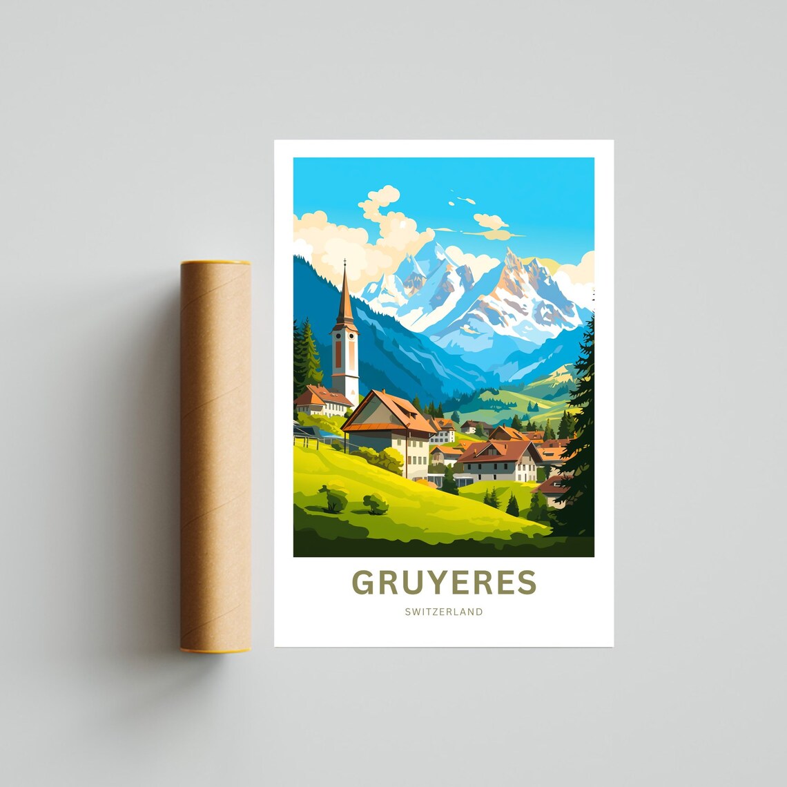 Gruyeres Switzerland Alpine Village Church Peaks Travel Poster - Image 4