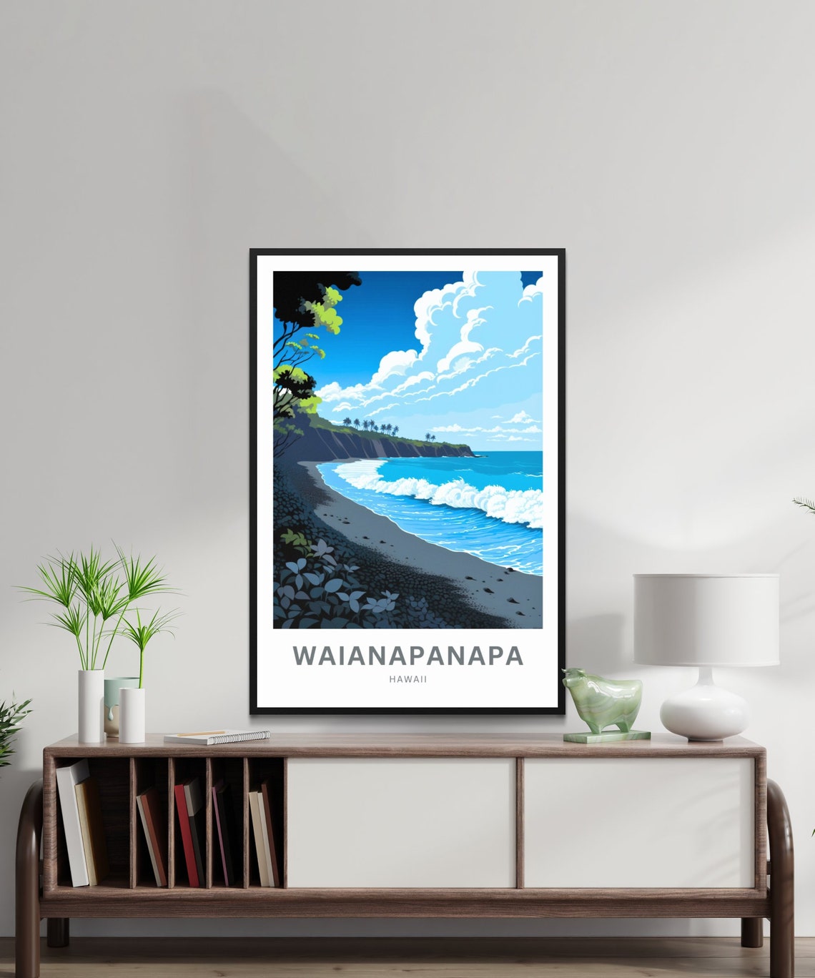 Waianapanapa Hawaii Black Sand Beach Surf Waves Cliffs Travel Poster - Image 2