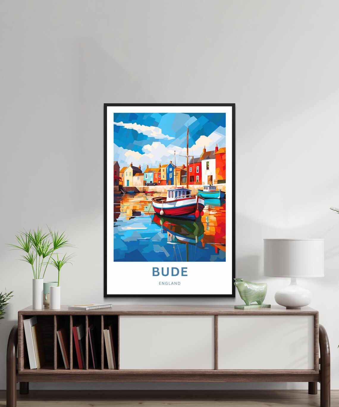 Bude England Colorful Harbor Geometric Boat Art Travel Poster - Image 2