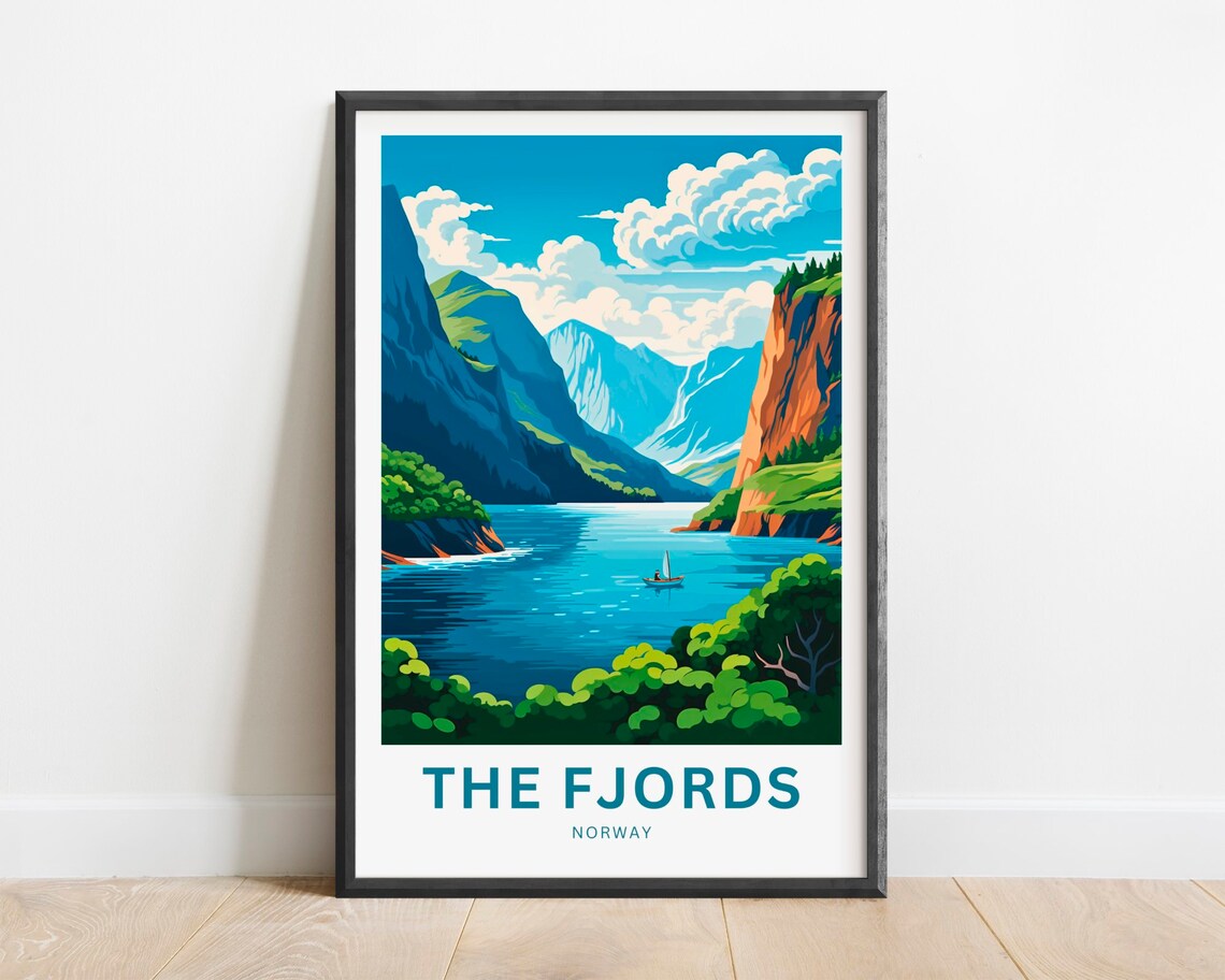 The Fjords Norway Sailboat Calm Blue Inlet Mountain Travel Poster