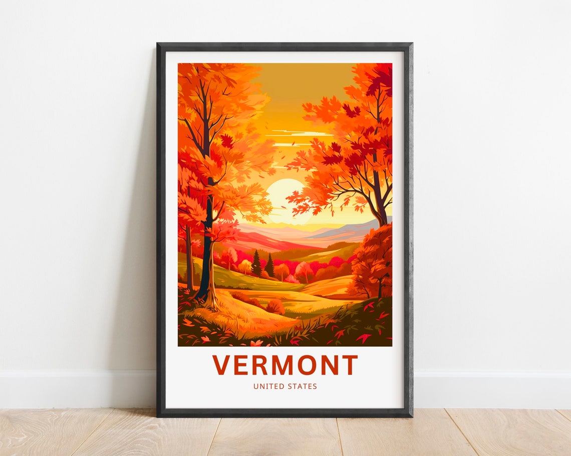 Vermont United States Fall Foliage Sunset Hills Travel Poster