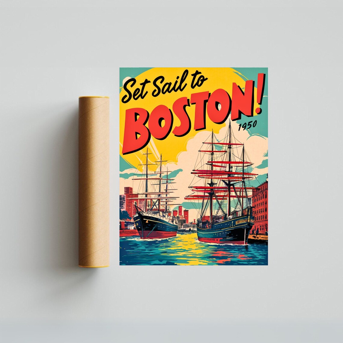 Set Sail to Boston 1950 Tall Ships Harbor Vintage Retro Travel Poster - Image 3