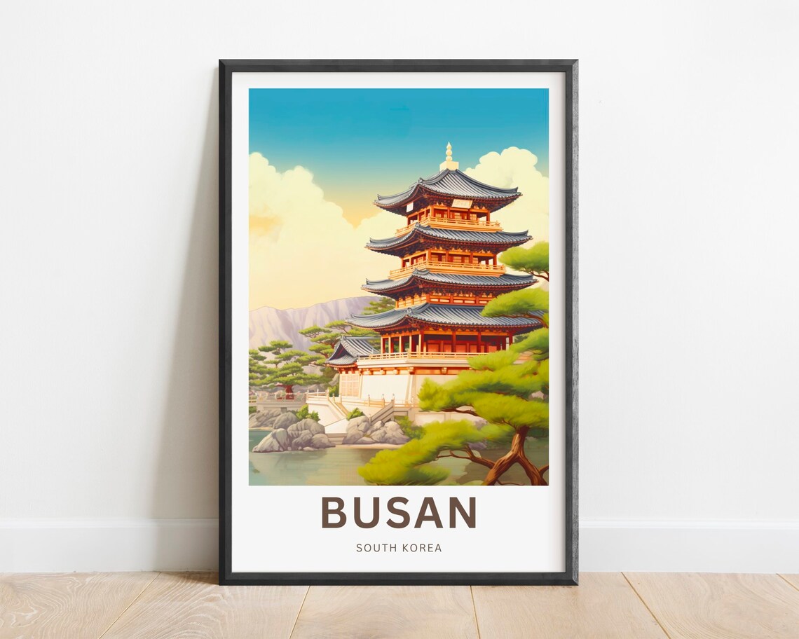 Busan South Korea White Pagoda Temple Lake Gardens Travel Poster