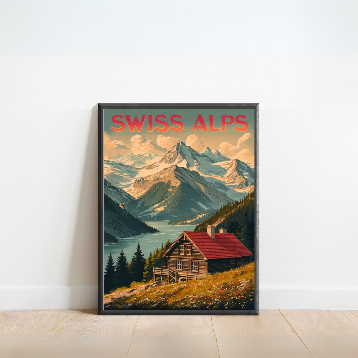 Swiss Alps Vintage Cabin by the Lake with Snowy Peaks Art Poster