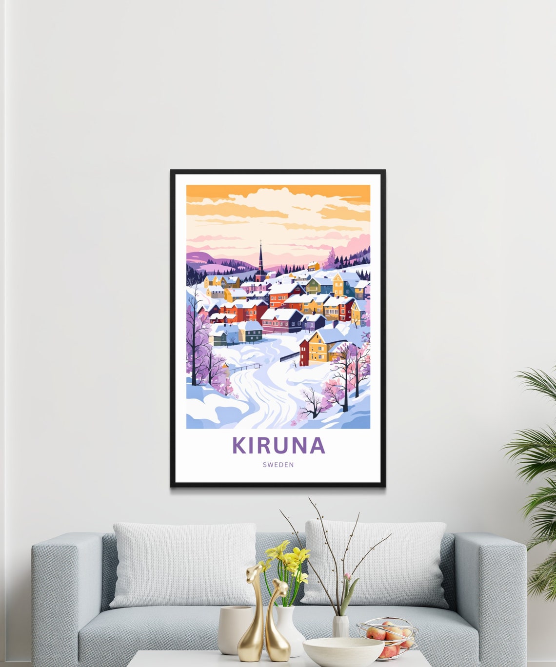 Kiruna Sweden Colorful Houses Church Snowy Scene Personalized Poster - Image 3