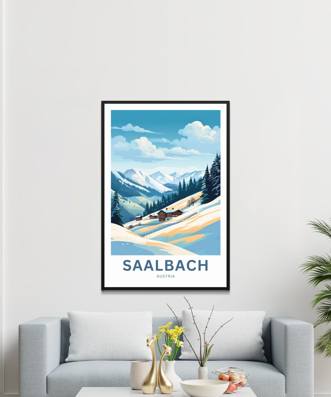 Personalized Saalbach Austria Snowy Pines Cabins Winter Poster - Image 3