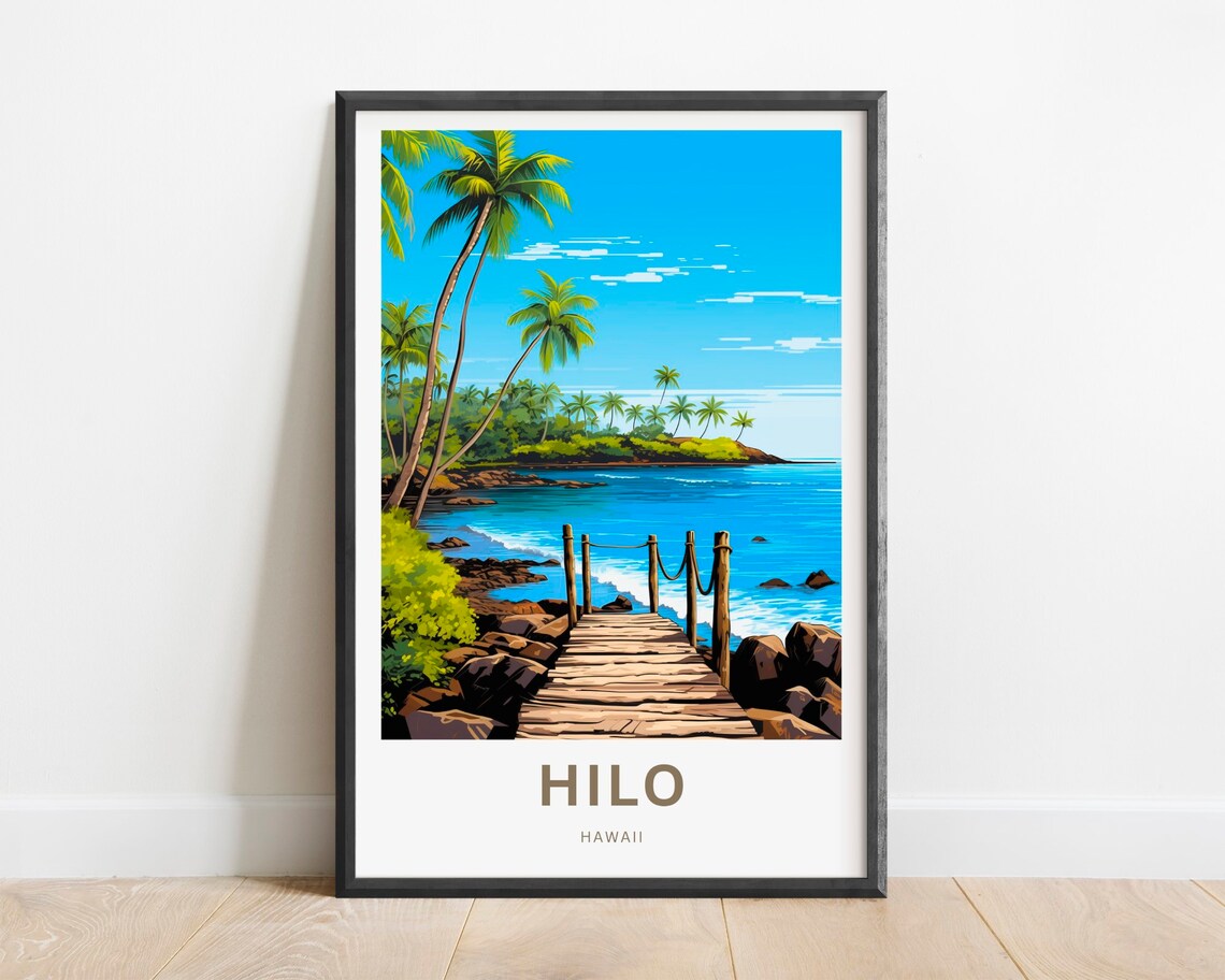 Hilo Hawaii Ocean Boardwalk Palm Trees Coastal Travel Poster