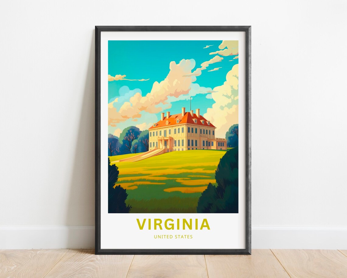 Virginia Grand Hilltop Mansion Golden Meadow Sunny Travel Poster