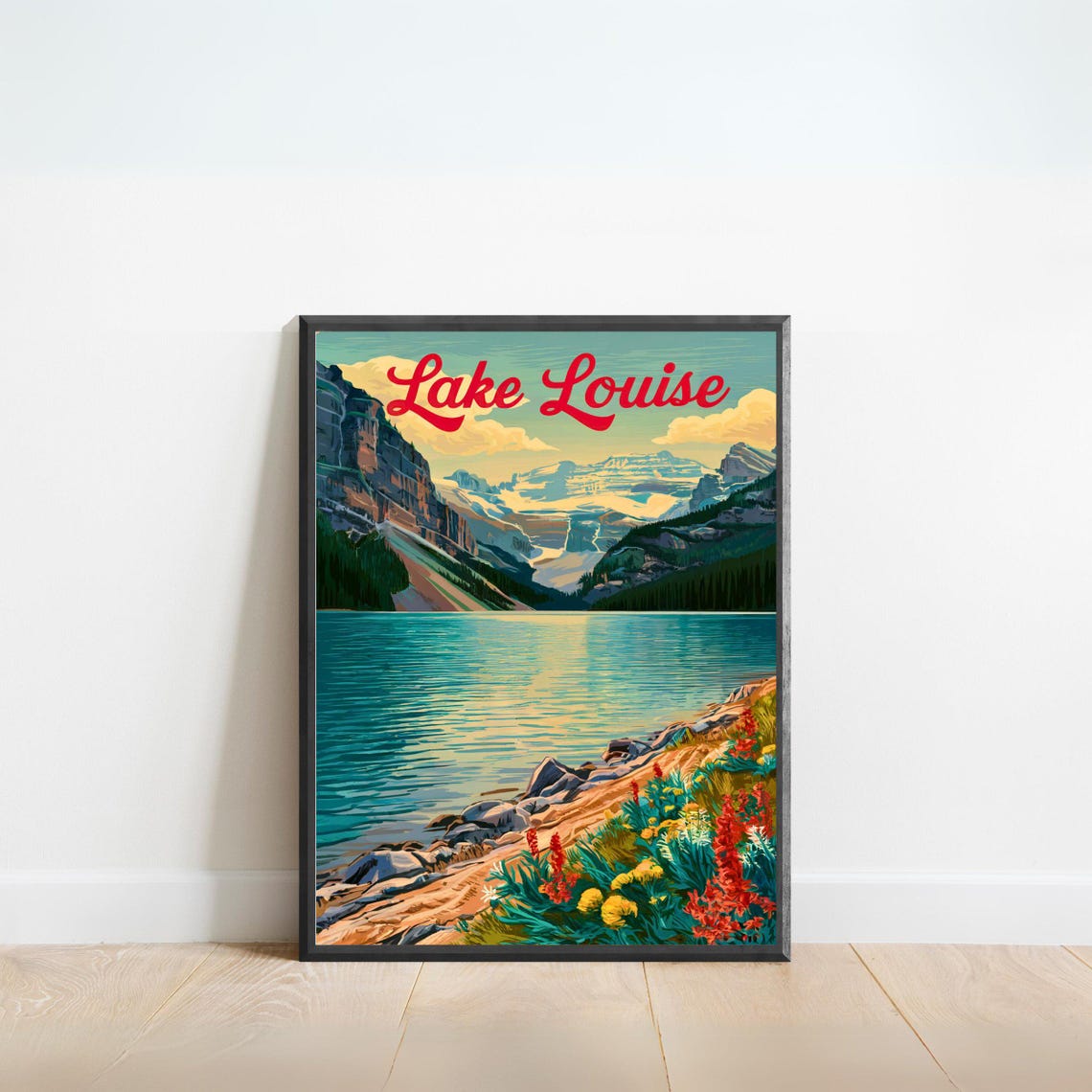 Lake Louise Rocky Shoreline Red Blooms Turquoise Water Vintage Poster