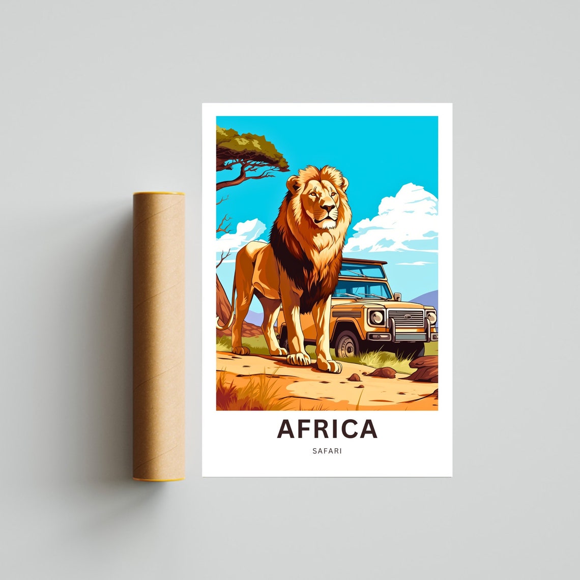 Africa Safari Lion Portrait Safari Jeep Bright Blue Sky Poster - Image 4