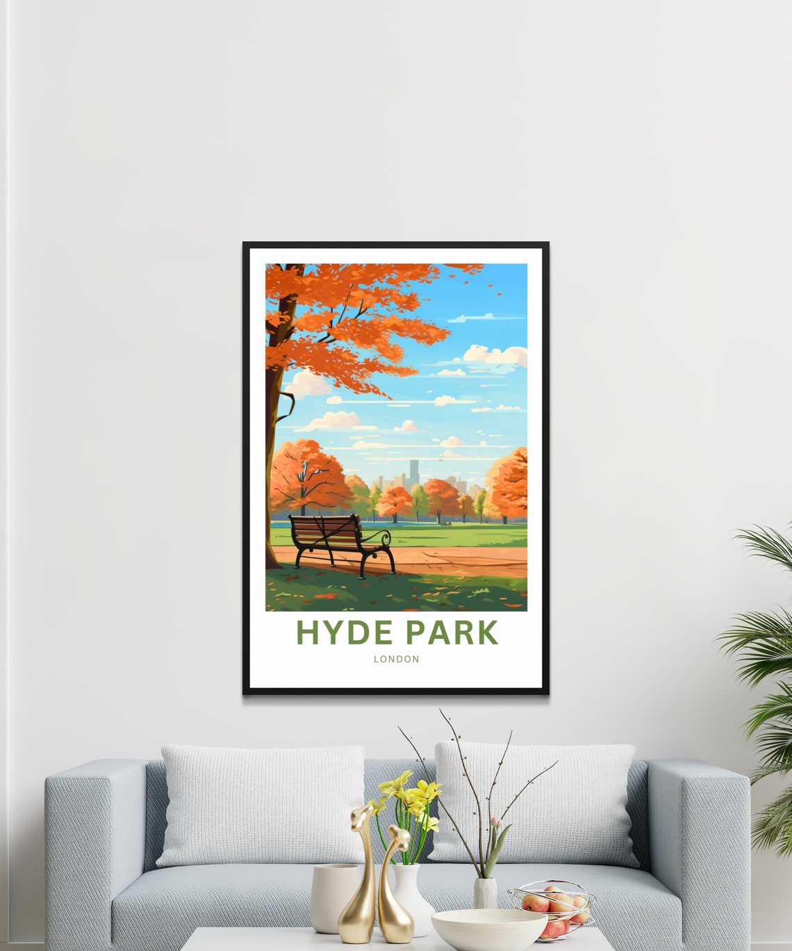 Hyde Park London Autumn Bench Park Scene Fall Color Travel Poster - Image 3
