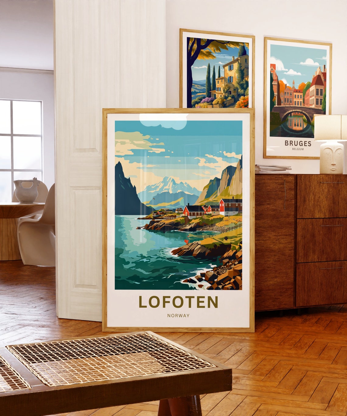 Lofoten Norway Teal Fjord Red Cabins Snow Peaks Personalized Poster - Image 5