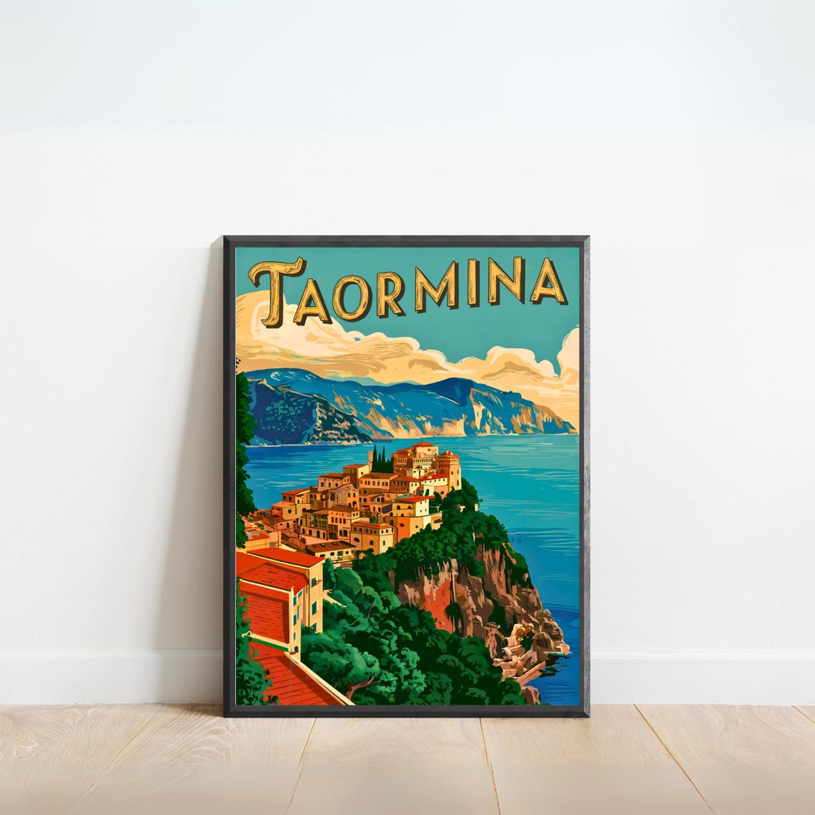 Taormina Sicily Coastal Cliffs Old Town Sea View Vintage Travel Poster