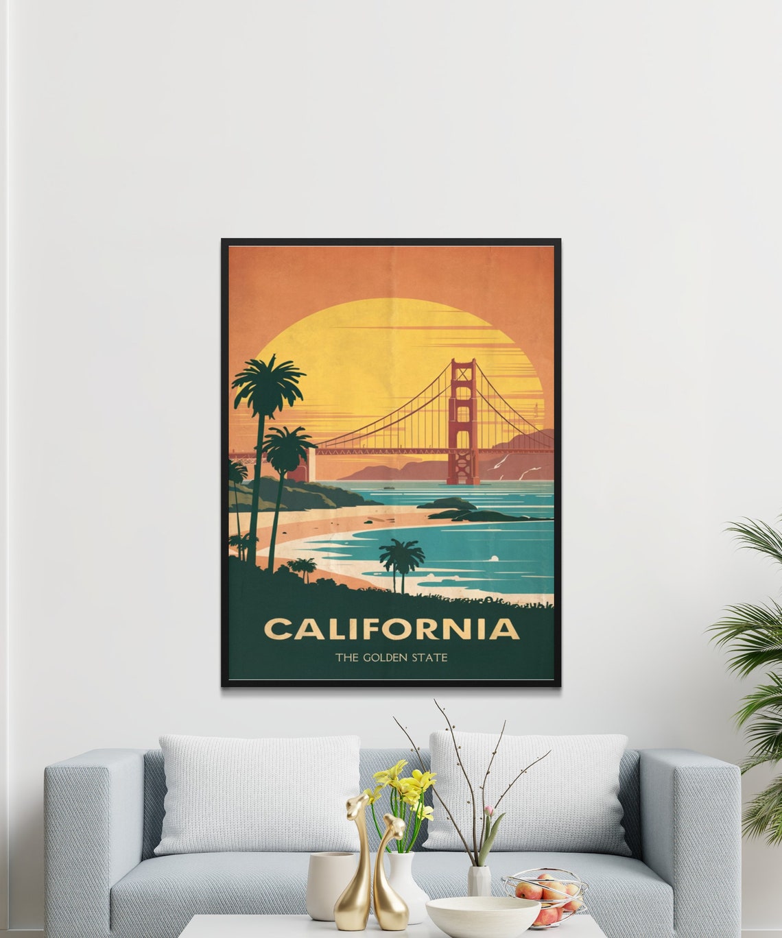 California Golden Gate Bridge Sunset Palm Trees Travel Poster