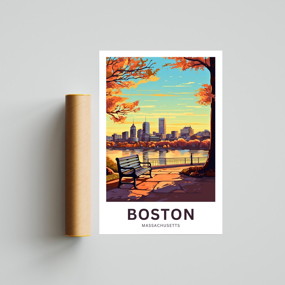 Boston Massachusetts Autumn Sunset Skyline Bench Travel Poster - Image 4