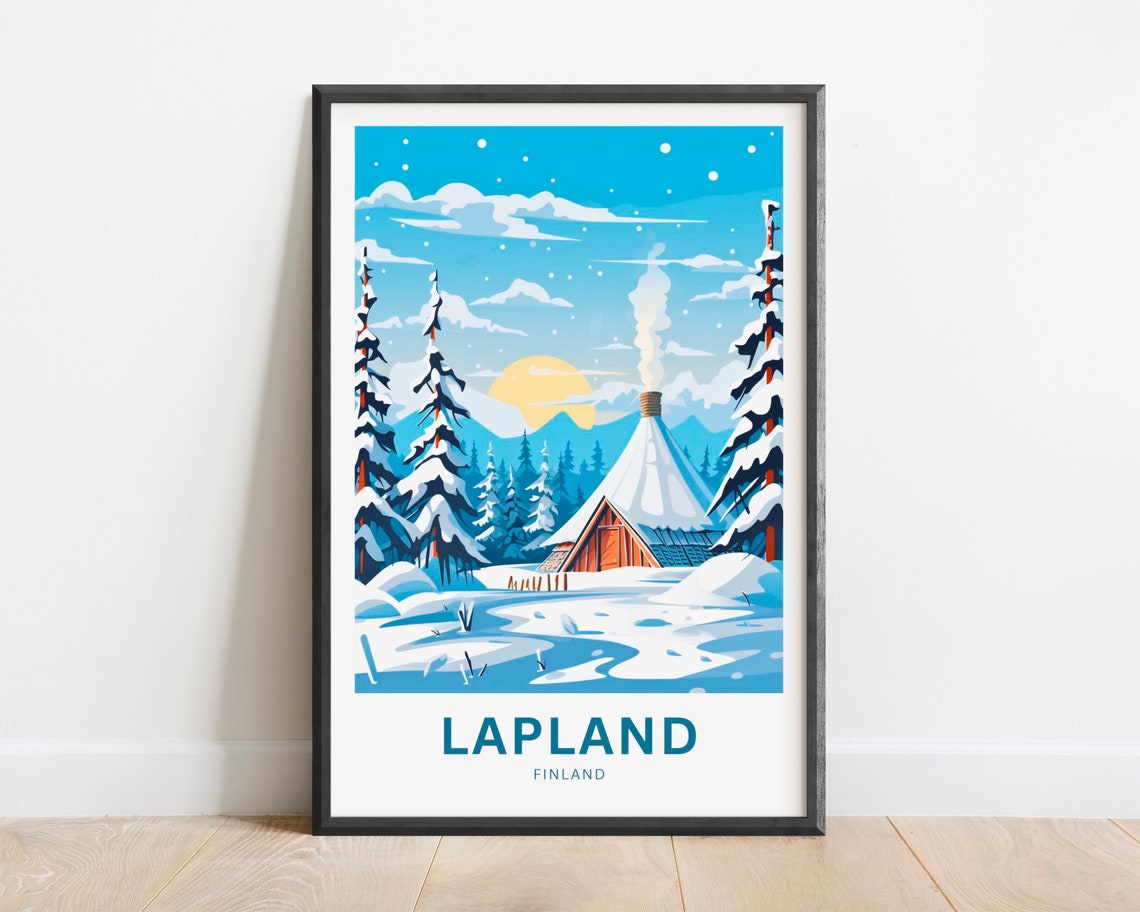 Lapland Finland Snowy Cabin Chimney Smoke Winter Travel Poster