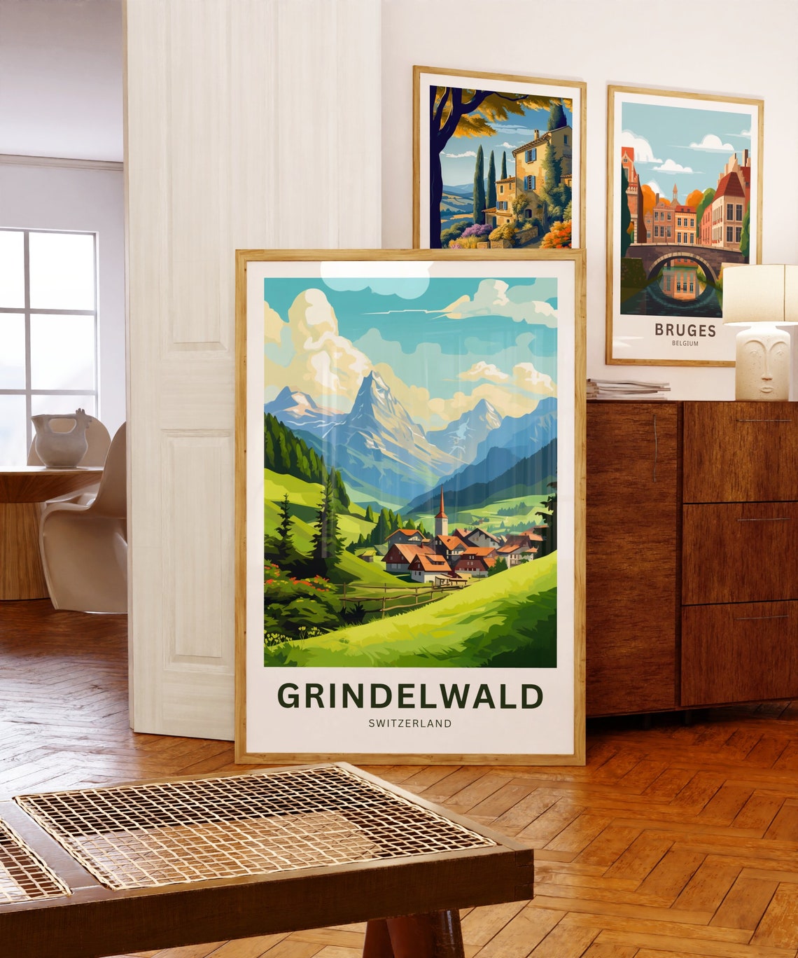 Grindelwald Switzerland Meadow Village Red Chalets Alps Poster - Image 5