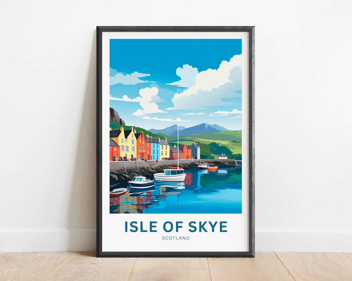 Isle of Skye Scotland Colorful Harbor Boats Mountain View Poster