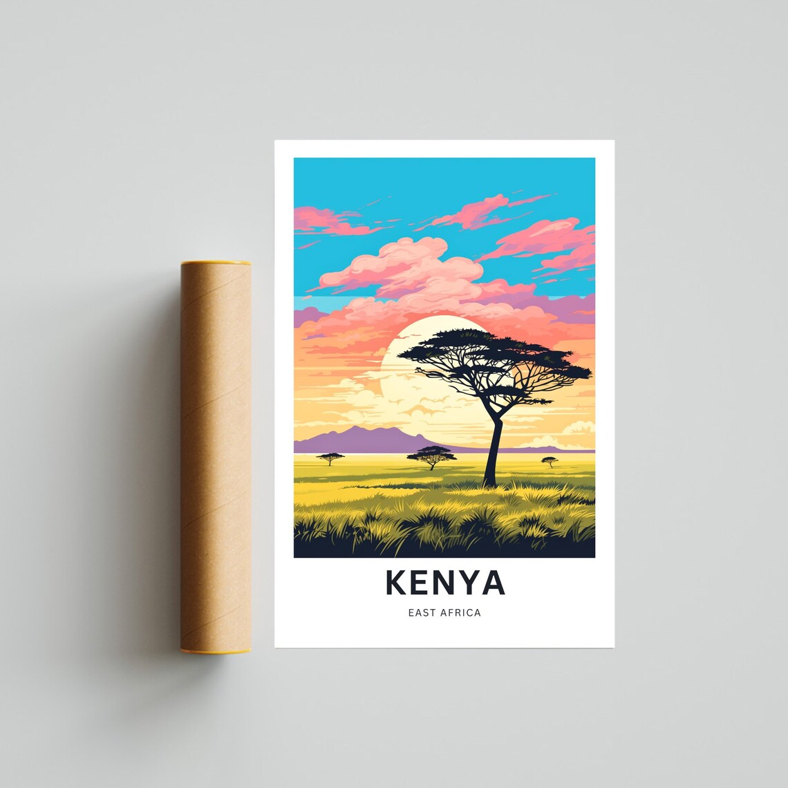 Kenya East Africa Lone Acacia Golden Sunset Plains Travel Poster - Image 4