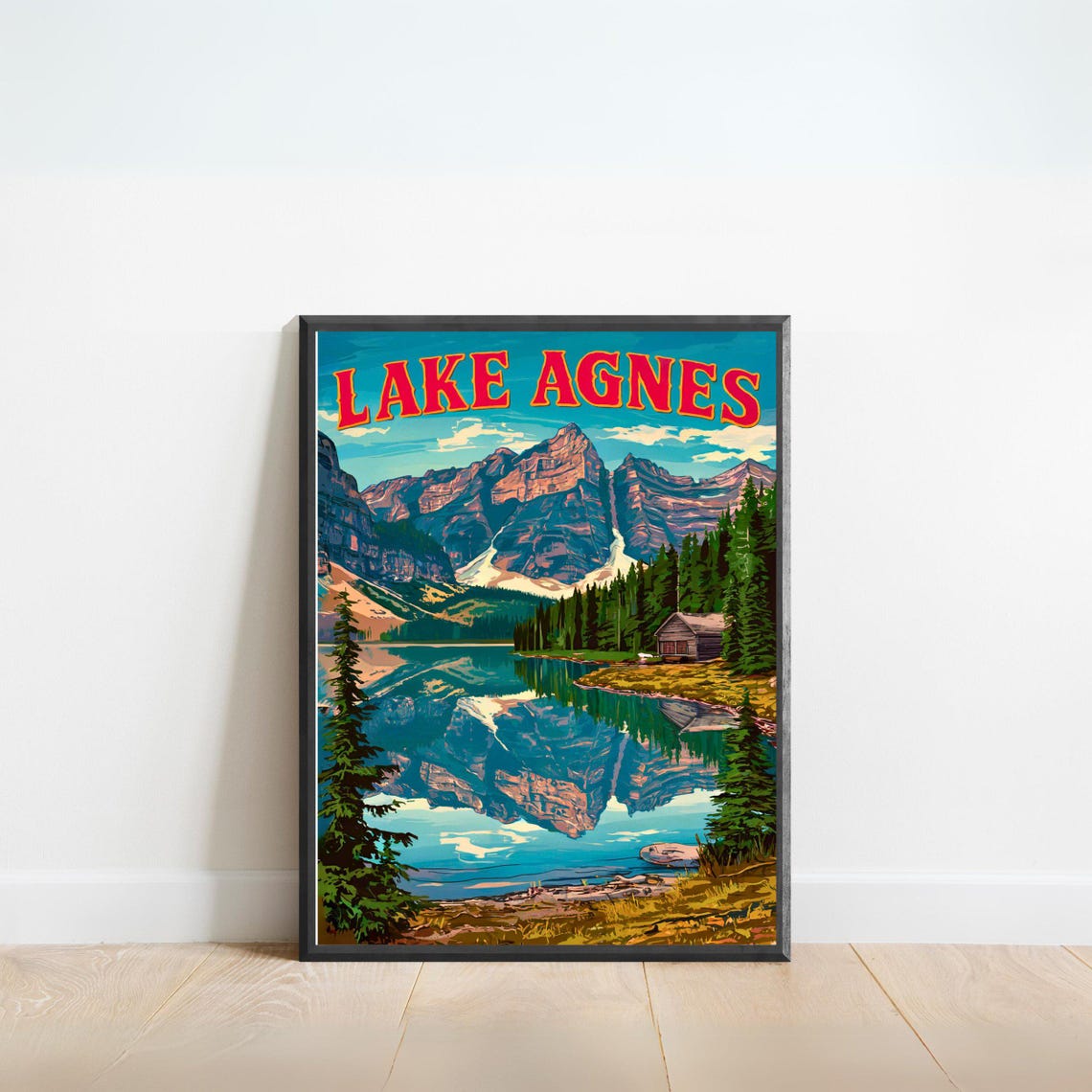 Lake Agnes Vintage Bold Red Letters Lakeside Cabin Reflection Poster