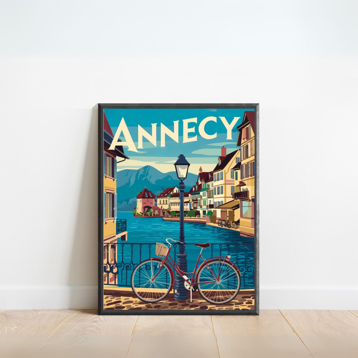 Annecy France Vintage Red Bicycle Old Town Canal Bridge Poster