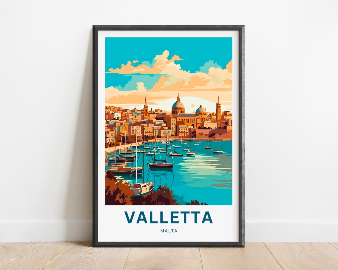 Valletta Malta Grand Harbor Sailboats Sunset Vintage Travel Poster