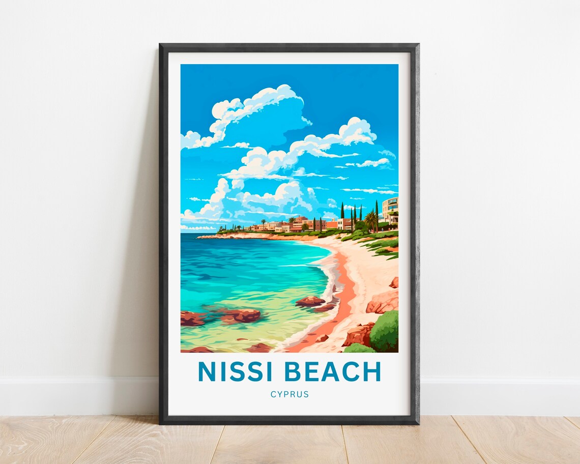 Nissi Beach Cyprus Curving Bay Seaside Town Travel Art Poster