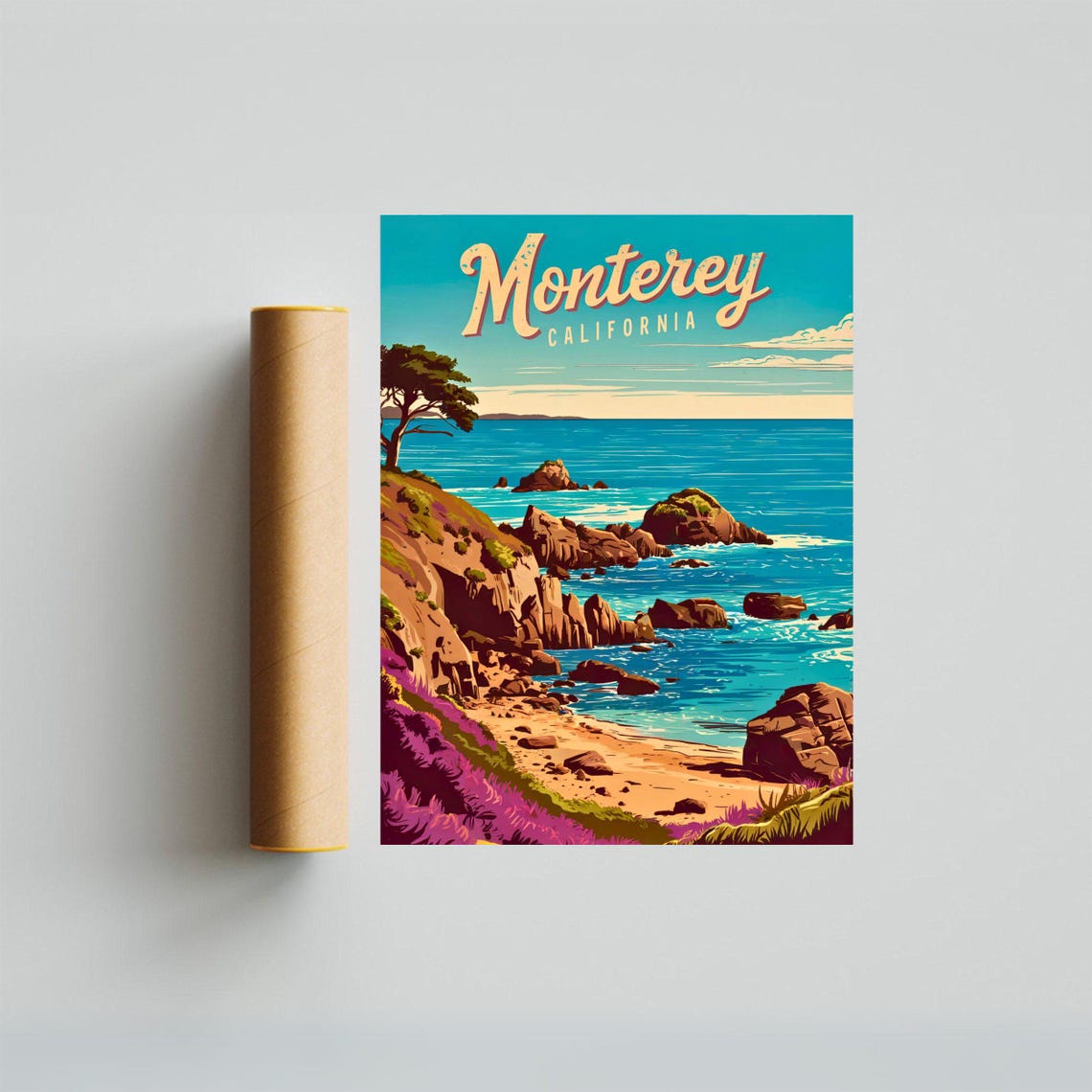 Monterey California Retro Rocky Cove Ocean Cliffs Travel Poster - Image 3