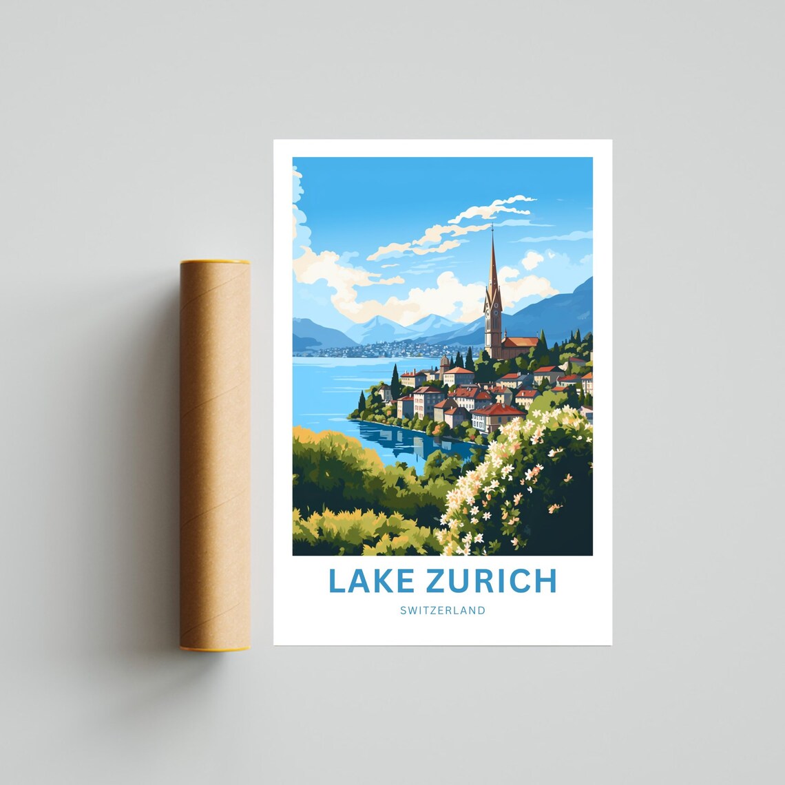 Lake Zurich Switzerland Lakeside Town Church Spire Hills Travel Poster - Image 4