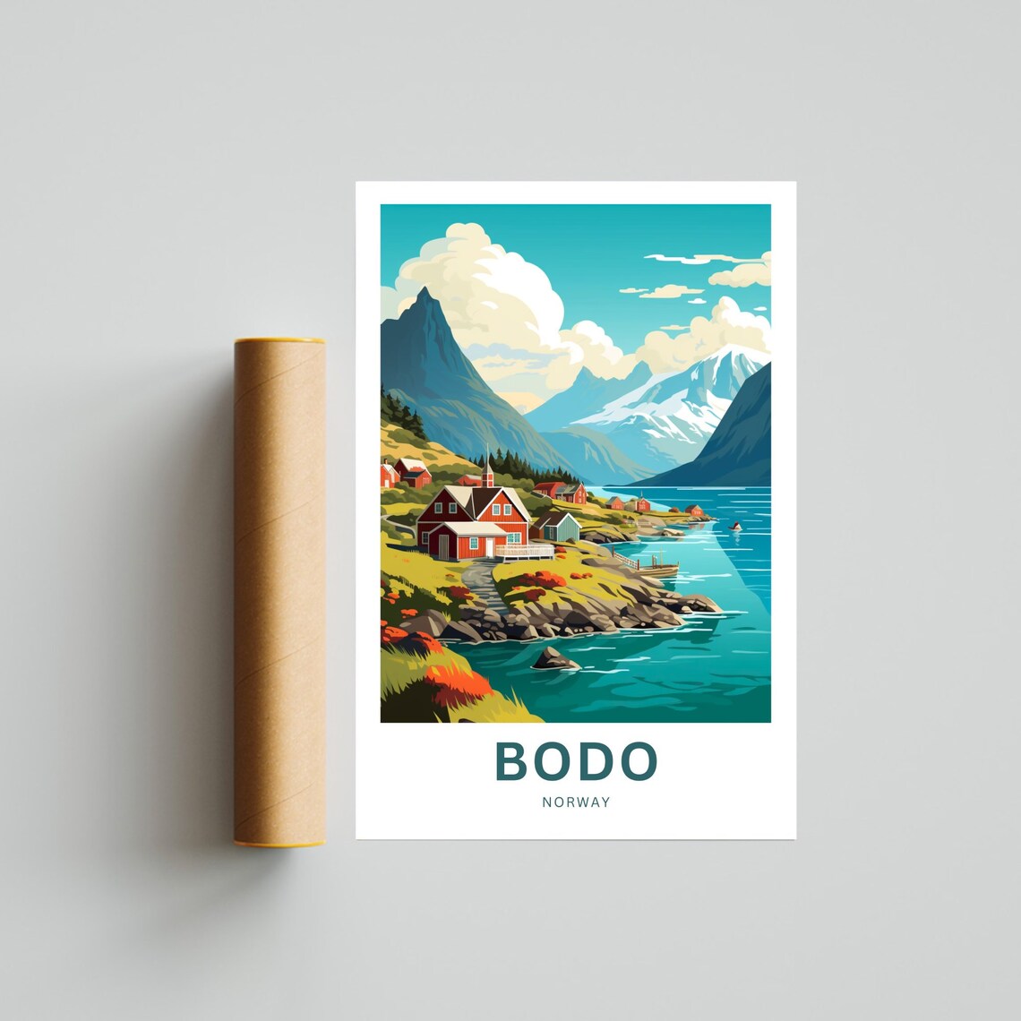 Bodo Norway Fjord Cabins Coastal Harbor Vintage Travel Poster - Image 4