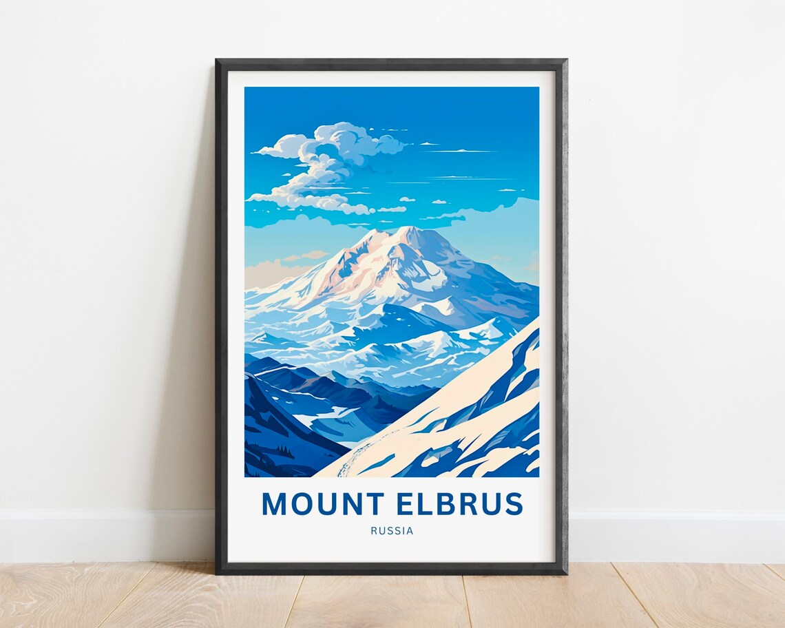 Mount Elbrus Russia Snowy Peak Mountain Winter Travel Poster