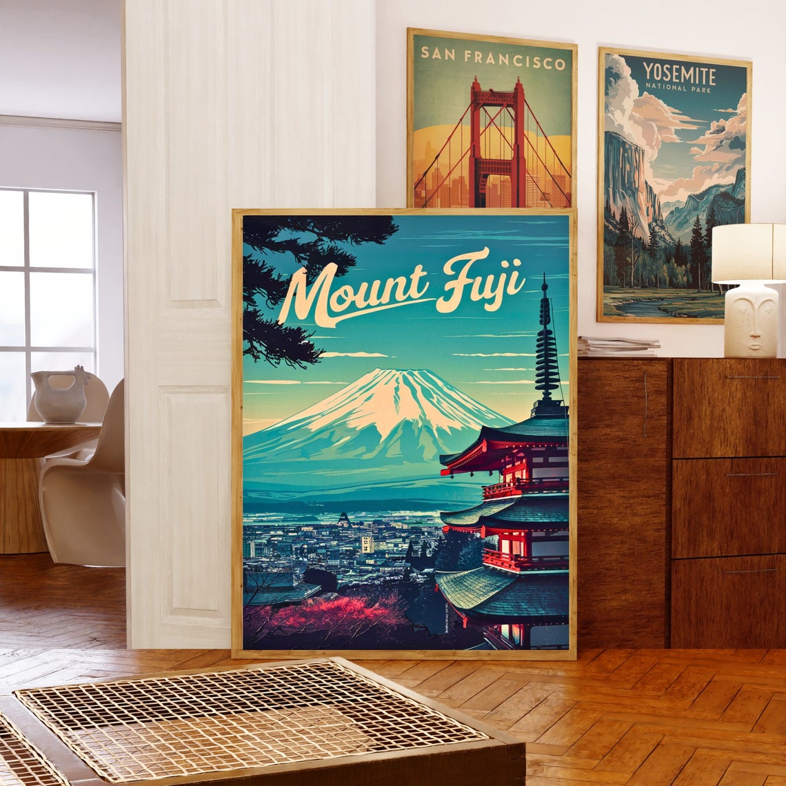 Mount Fuji Japan Cream Script Pagoda Cherry Blossom Travel Poster - Image 5