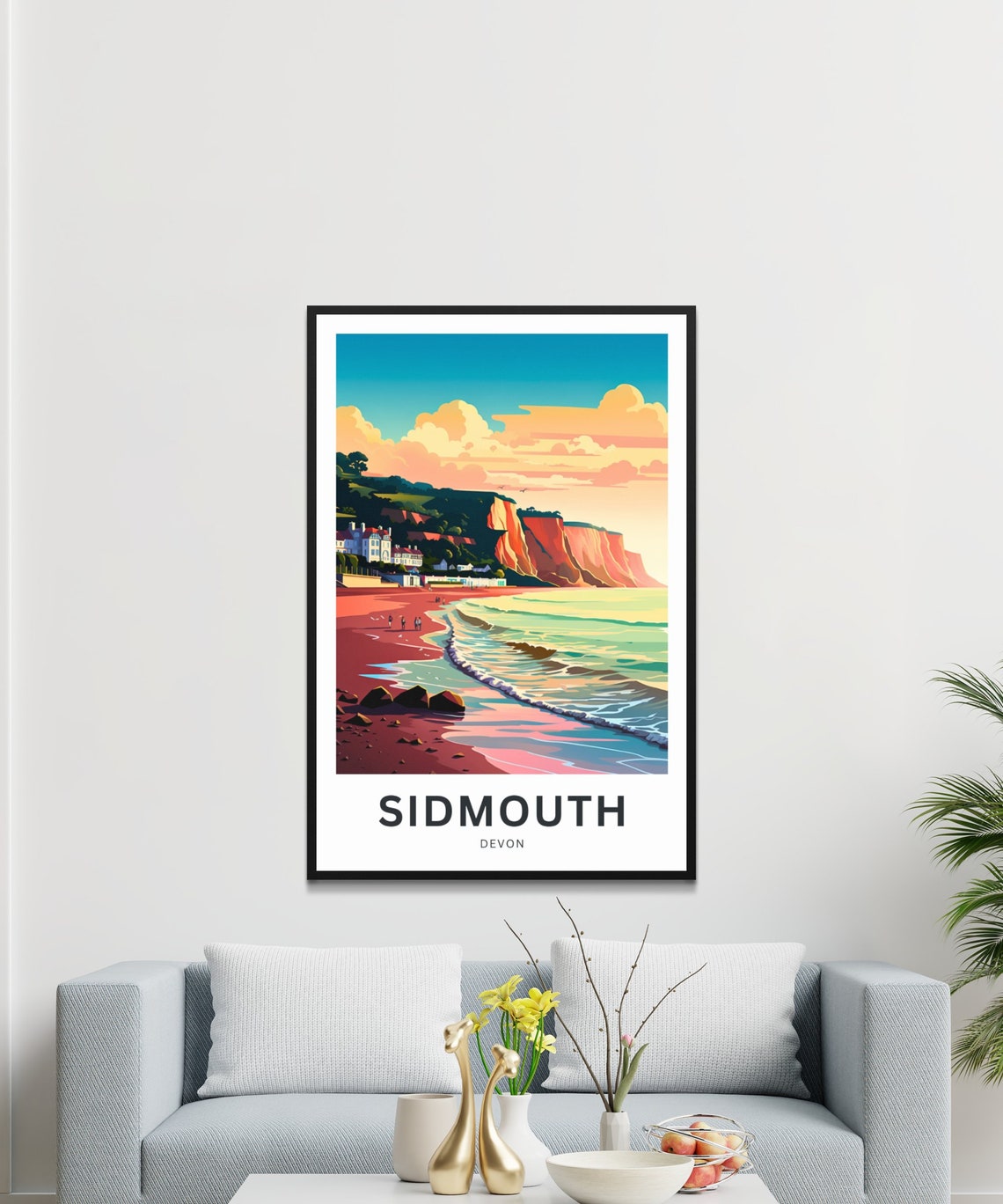 Personalized Sidmouth Devon Red Cliffs Beach and Town Retro Poster - Image 3