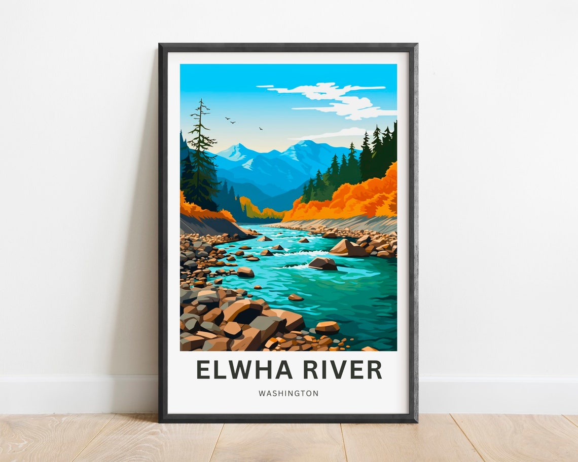 Elwha River Washington Autumn Rapids Orange Foliage Travel Poster