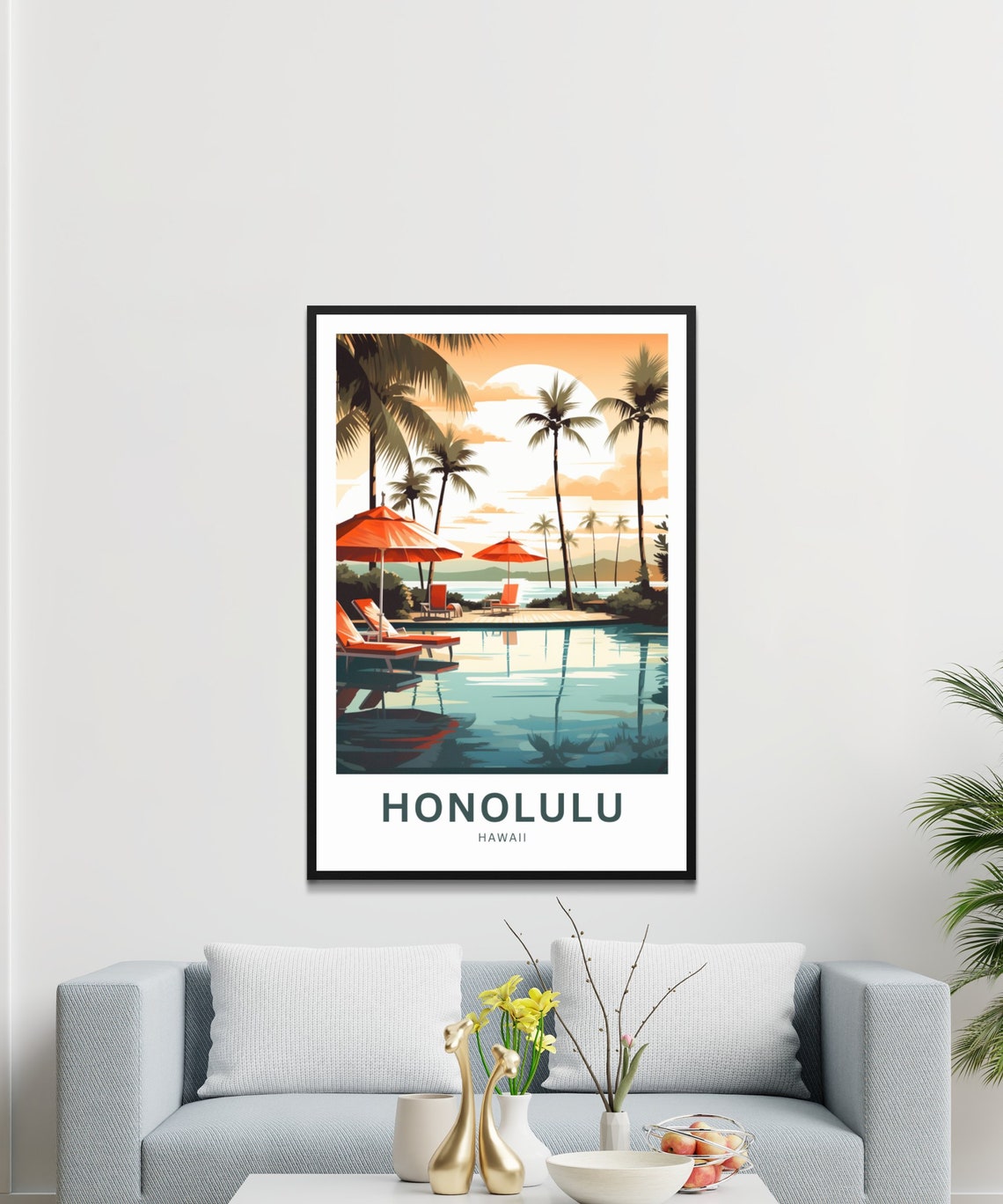 Honolulu Hawaii Resort Pool Palms Orange Umbrellas Sunset Poster - Image 3