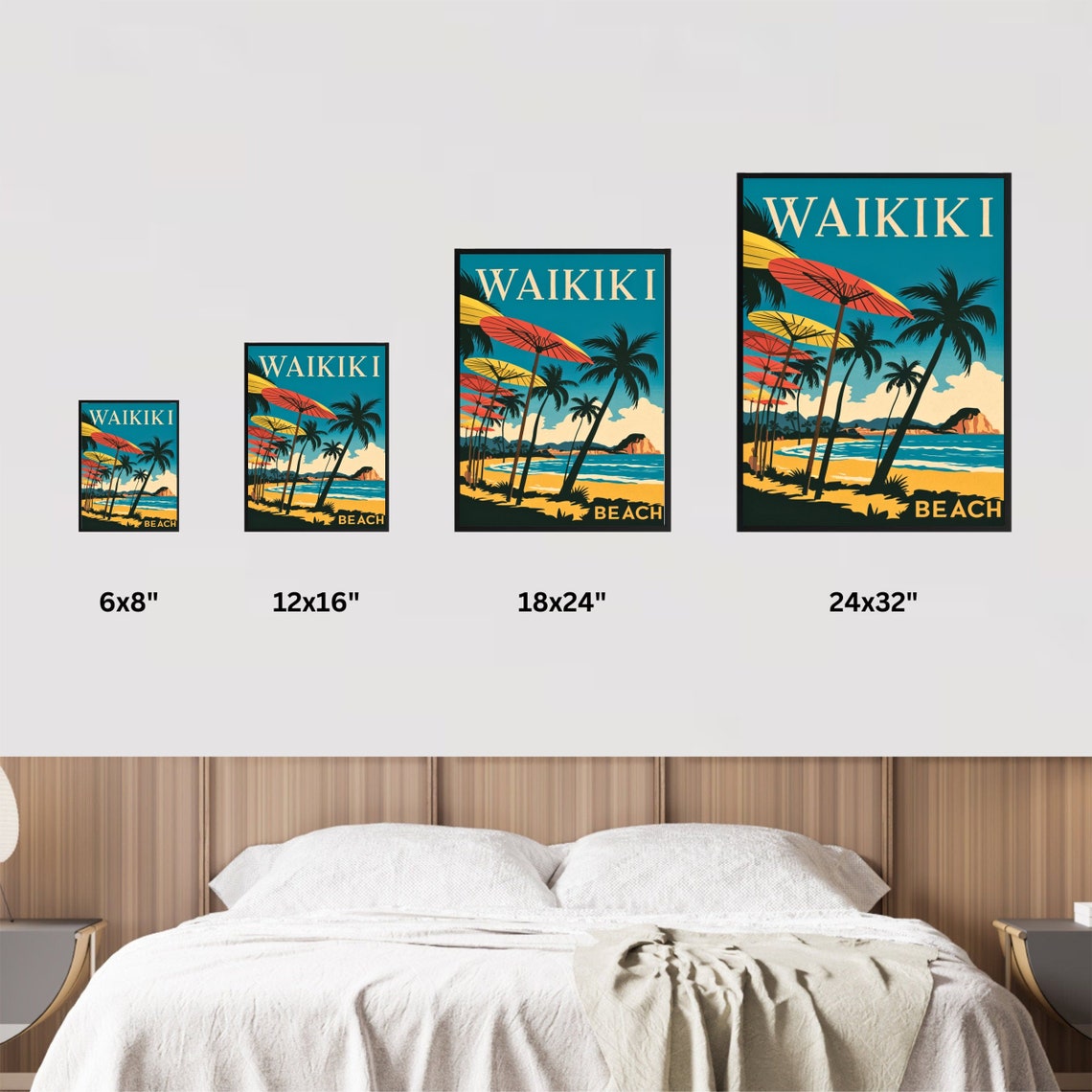 Waikiki Beach Hawaii Vintage Tropical Palm Umbrellas Paradise Poster - Image 2