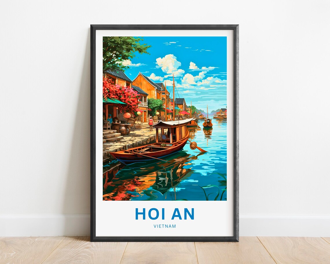Hoi An Vietnam Travel Poster Wooden Boats Riverside Old Town Art