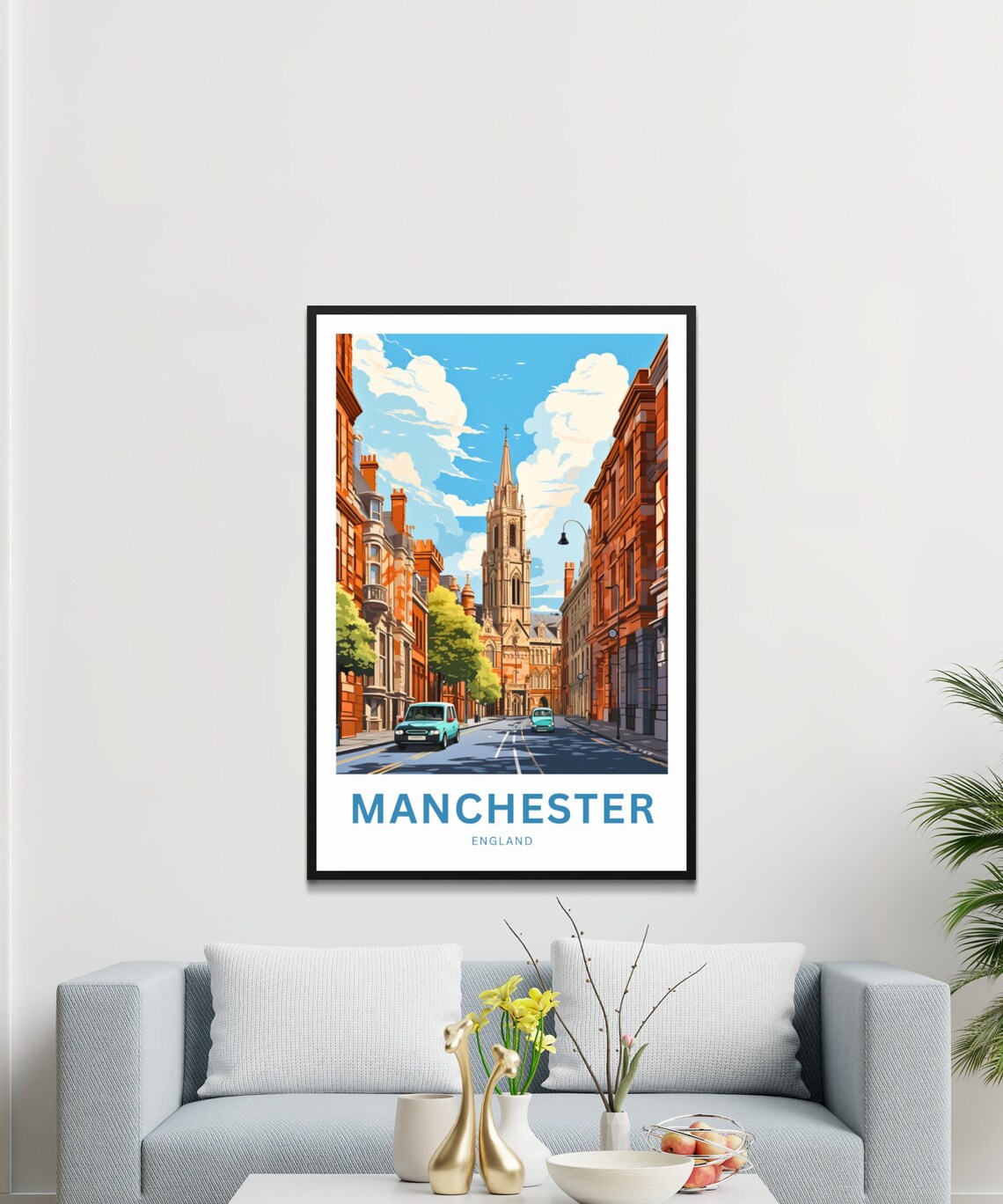 Manchester England City Street Church Red Brick Travel Poster - Image 2