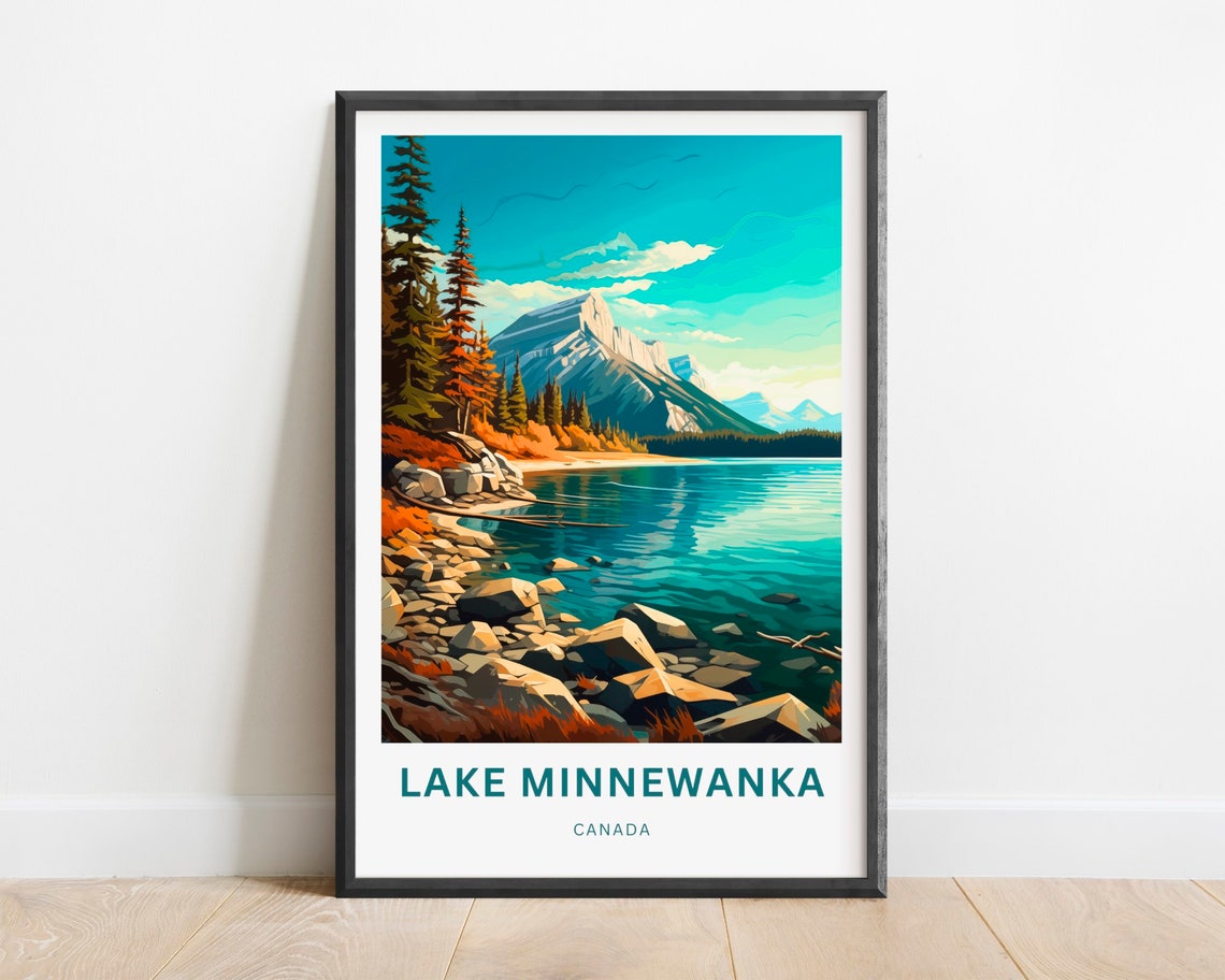 Lake Minnewanka Canada Rocky Shore Snowy Peak Scenic Travel Poster