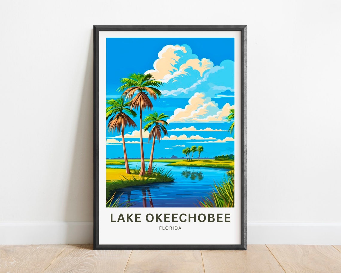 Lake Okeechobee Florida Tall Palms Reflections Travel Art Poster
