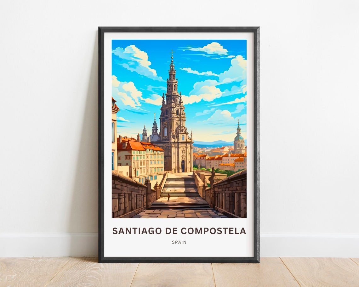 Santiago de Compostela Spain Old Town Towers Vintage Travel Poster