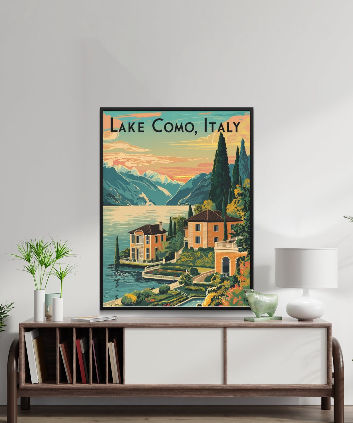 Lake Como Italy Sunset Villas Cypress Trees Lakefront View Poster - Image 3