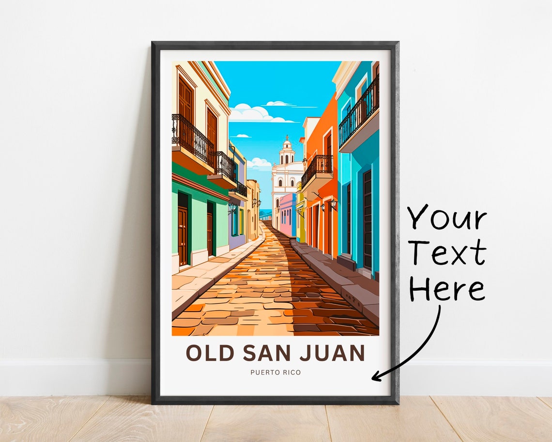 Personalized Old San Juan Cobblestone Street Custom Text Travel Poster